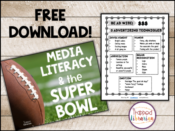 Free media literacy printable of advertising techniques from the Trapped Librarian