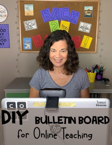 Are you looking for distance learning backdrop ideas? Learn a printing tip to help you DIY your own distance learning backdrop for online teaching. Use a bulletin board file you already own and have your new backdrop décor up in minutes! #thetrappedlibrarian #distancelearningdecor