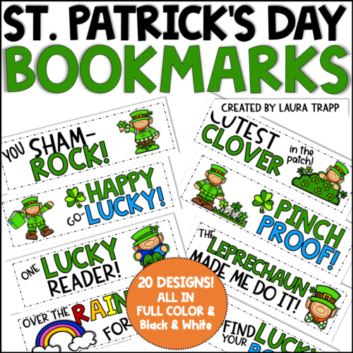 St. Patrick's Day Bookmarks to color with jokes for elementary students from the Trapped Librarian